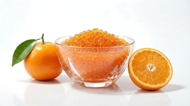 Bowl of orange juice pearls or molecular gastronomy caviar with fresh oranges isolated on white background