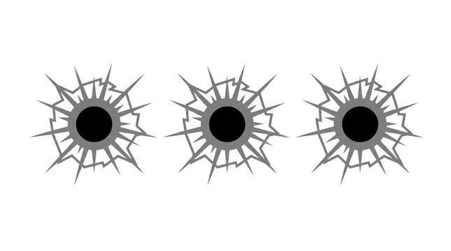 Three bullet holes with impact marks are shown isolated on a transparent