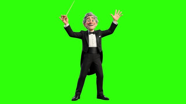 A happy 3D cartoon male music conductor in a tuxedo directing an orchestra with an open hand and a conductor baton, isolated on a solid green chroma key background. Ideal for classical concert commerc