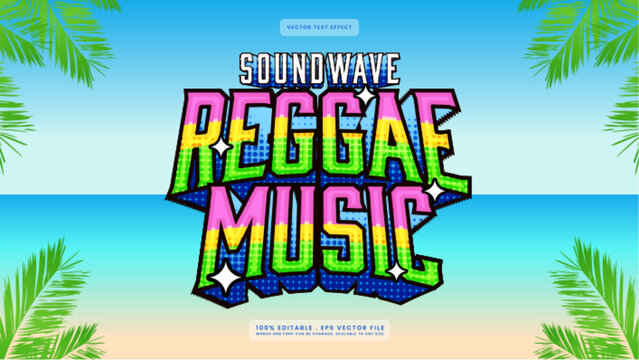 Soundwave Reggae Music Text Effect Vector Template with Tropical Beach Background