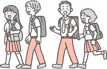Obraz premium おしゃべりして歩く、2色の夏制服の学生4人（中学生・高校生）