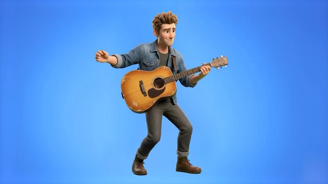 A passionate 3D cartoon musician in a denim jacket strumming an acoustic guitar, set against a smooth blue studio backdrop. Perfect for online music academy ads, guitar tutorial course intros, song pr