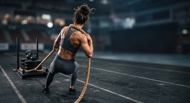 Female Athlete Pulling Sled with Rope Back View Copy Space