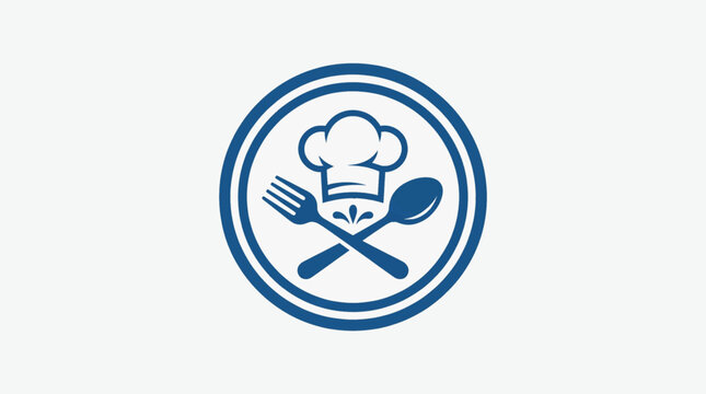 Blue chef hat with crossed fork and spoon logo inside circle badge. Classic culinary symbol representing restaurant, cafe, catering, food service and cooking. Clean flat vector design. Perfect for res
