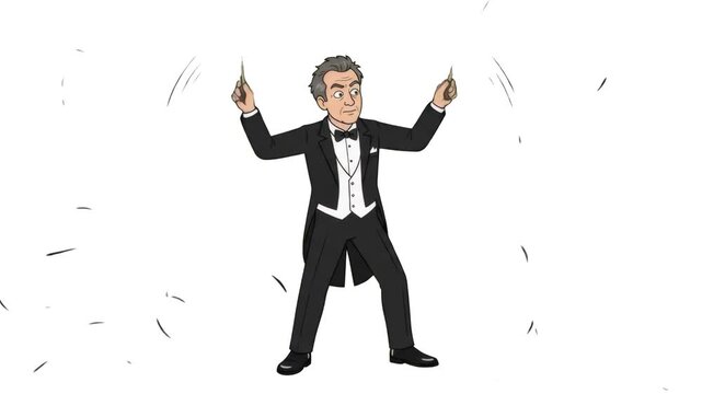 An expressive 2D cartoon orchestra maestro wearing a formal suit jacket and bow tie while directing music with two batons in hand, isolated on a clean white background. Suitable for symphony performan