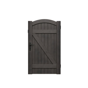 Modern dark gray wooden garden gate with arched top isolated background.