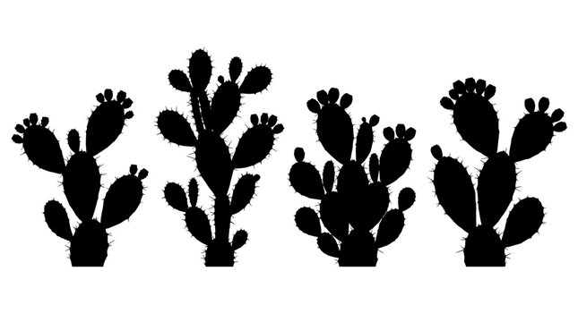 prickly pear realistic black shadow silhouette isolate vector set
