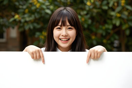 Cheerful cute girl is standing behind the white blank banner and pointing down at a copyspace