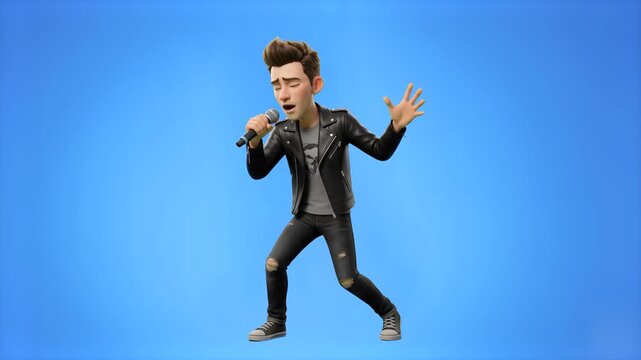 A dynamic 3D cartoon male vocalist in a leather jacket singing intensely into a wireless microphone, isolated on a bright blue background. Suitable for concert promo videos, music streaming service gr