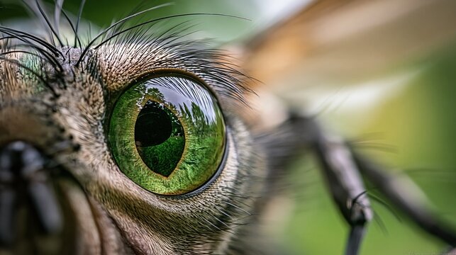 Extreme Close Up Macro Shot of a Fly's Compound Eye Reflecting Greenery and Sunlight