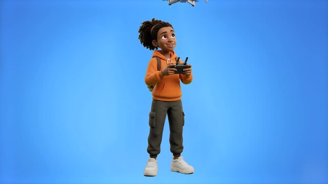 A 3D cartoon girl in an orange hoodie using a wireless remote controller to fly a quadcopter drone overhead, set against a smooth blue studio backdrop. Designed for technology product commercials, aer