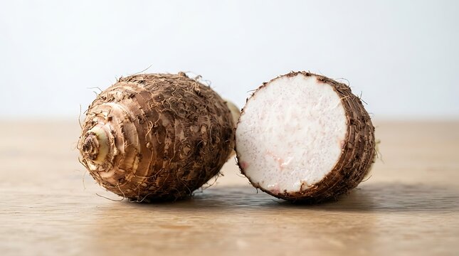 Whole and sliced taro root on a wooden table, a tropical starchy root vegetable used in various culinary dishes and desserts, closeup view