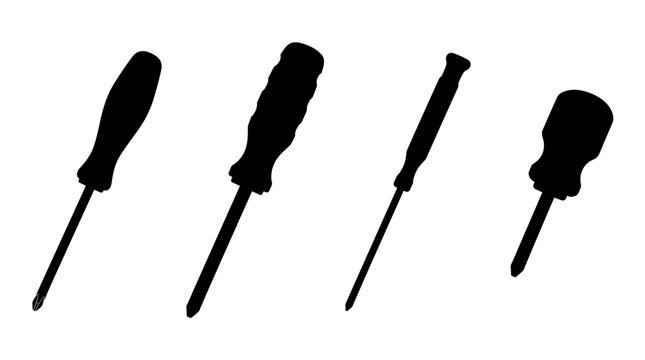 phillips screwdriver realistic black shadow silhouette isolate vector set