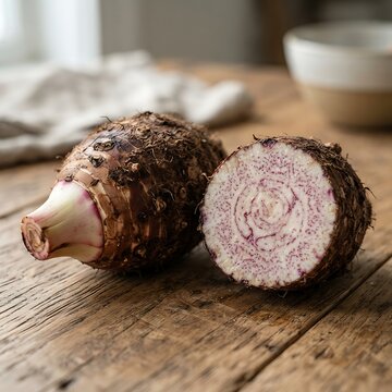 Fresh taro root on a rustic wooden table with a crosssection showing the unique purple speckled pattern of the raw vegetable