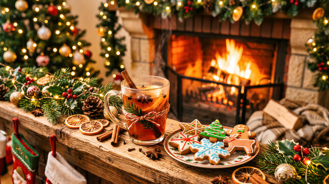 Glass mug of Hot Apple Cider stands near plate of gingerbread cookies on wooden shelf in front of burning fireplace. Merry Christmas and New Year family celebration concept with copy space.