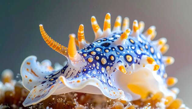 Macro shot of a colorful blue and orange nudibranch sea slug underwater