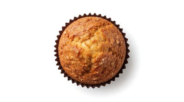 Top view of a delicious freshly baked muffin in a brown paper liner isolated on white background