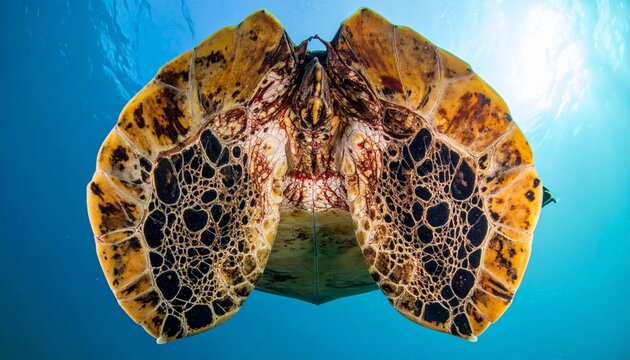 Unique bottom view of a sea turtle shell swimming in turquoise ocean water