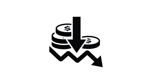 Dollar coins falling with a downward arrow and wavy line black silhouette