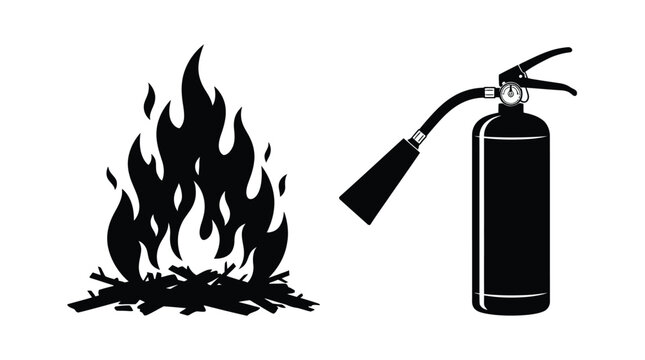 Fire and fire extinguisher silhouette against a white background
