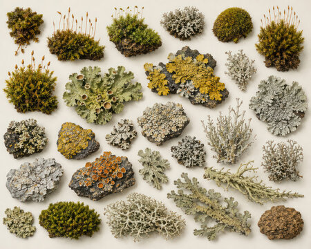 Moss and Lichen Species Collection Botanical Natural History Illustration