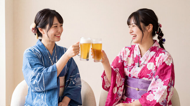 浴衣姿の二人がグラスを合わせて乾杯する場面