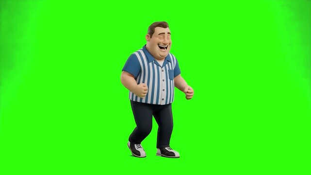 A jovial 3D cartoon man wearing a blue striped bowling-style shirt laughing heartily and cheering with excitement, isolated on a solid green chroma key background. Ideal for comedy skits, entertainmen