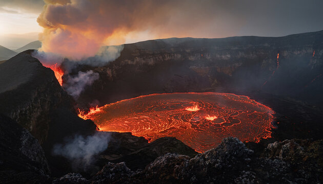 マグマが赤く煮たぎる火山の噴火口と激しい噴煙