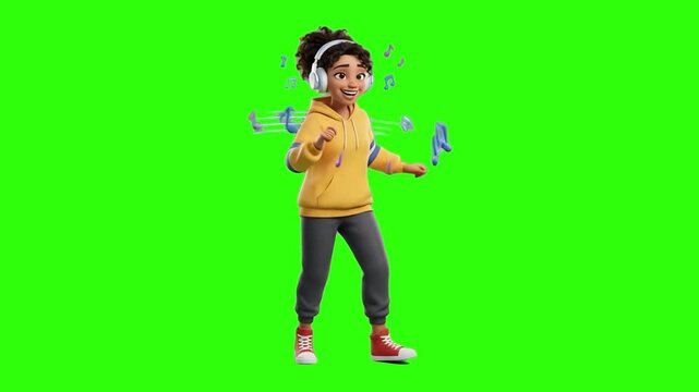 A lively 3D cartoon girl wearing headphones and a yellow hoodie dancing happily while listening to music with floating music notes, isolated against a bright chroma key green screen background. Perfec