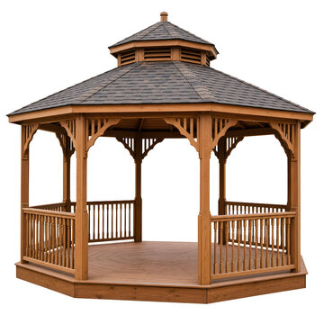 Classic wooden gazebo with shingle roof for garden landscape design isolated background.