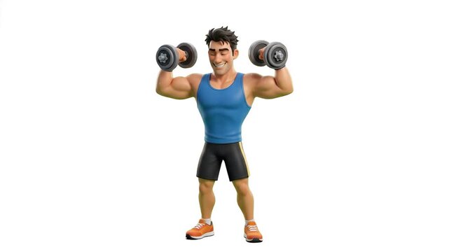 A powerful 3D cartoon man in workout gear holding up heavy dumbbells and showing off bicep muscles, isolated on a clean white background. Suitable for personal trainer promotions, bodyweight and weigh