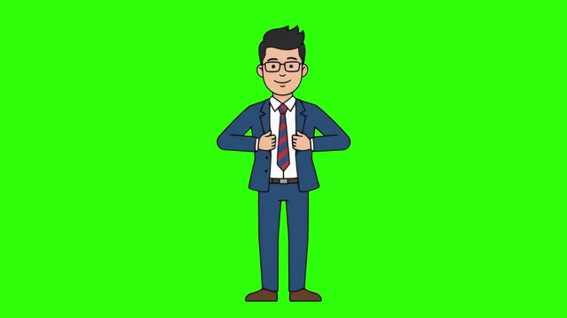 A smart 2D cartoon businessman in a suit fixing his red striped tie before a presentation, isolated on a solid green chroma key background. Ideal for business presentation overlays, corporate explaine