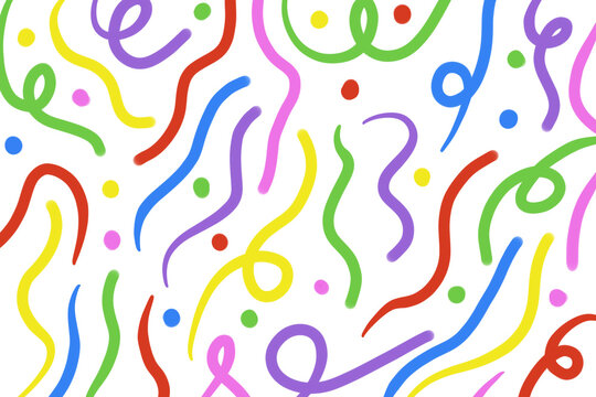 Colorful hand drawn squiggle lines and scattered dots in pink, yellow, green, blue, purple, and red, arranged as a playful abstract pattern on a transparent background.