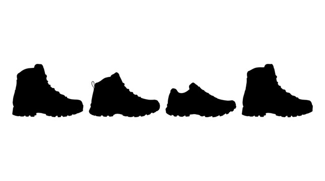 hiking boot realistic black shadow silhouette isolate vector set