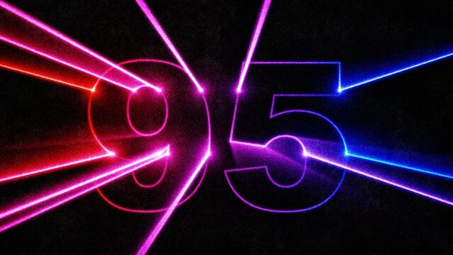 Neon laser number 95 with glowing light beams on dark background