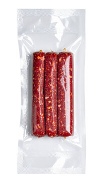 Chinese sausage in vacuum package Isolated on Transparent or White Background