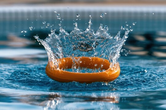 Orange ring creating a water splash crown on a reflective pool surface at eye level