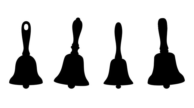 hand bell realistic black shadow silhouette isolate vector set