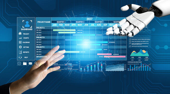 Hands of Human and Robot Interacting with Futuristic Digital Dashboard Displaying Project Management Metrics and Data Visualizations for 2027 Fluxor.