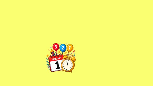 Firecracker new year's eve motion graphic featuring colorful January 1 countdown clocks, celebration badges, party decorations, and holiday elements for seasonal promotional and greeting videos