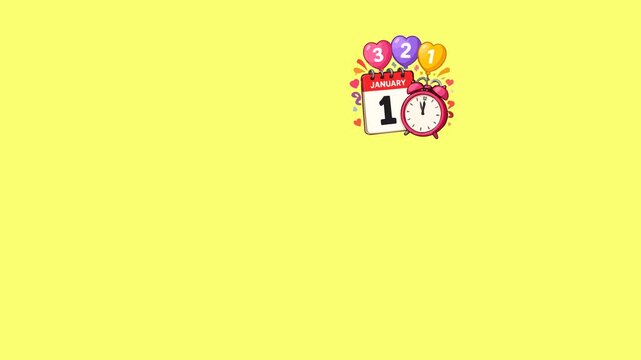 Firecracker new year's eve motion graphic collection featuring colorful countdown clocks, January 1 date markers, party decorations, and holiday celebration elements for seasonal video content