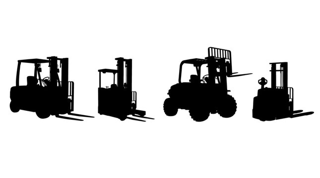 forklift realistic black shadow silhouette isolate vector set
