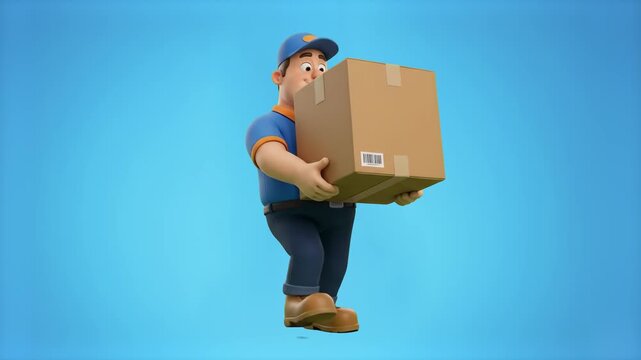 A professional 3D cartoon courier holding a big cardboard shipping box while delivering cargo, isolated on a bright blue background. Suitable for online shopping promo clips, mail courier services, po