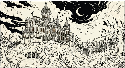 Obraz premium Gothic Haunted Castle on Hill, Vintage Horror Landscape with Dead Trees, Spooky Moonlit Night Scene, Vector Illustration isolated on White Background eps vector