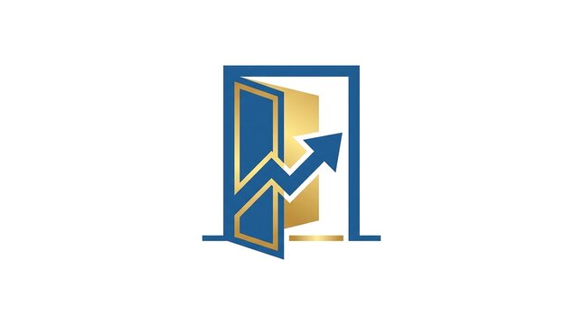 Business growth concept vector logo with open door and upward financial chart arrow symbol