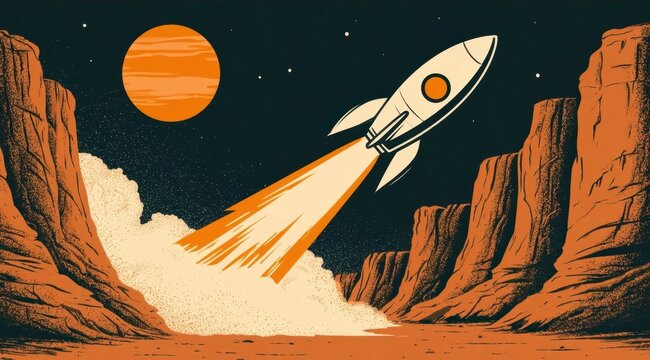 Retro-style rocket launching from a desert canyon with an orange planet in the night sky