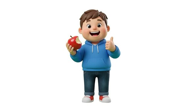A cute 3D cartoon boy in a blue hoodie holding a fresh red bitten apple and showing a thumbs-up gesture, isolated on a clean white background. Perfect for healthy eating campaigns, school nutrition pr