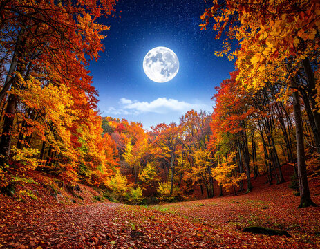 紅葉深まる秋の森を照らす大きな満月と夜空の星々