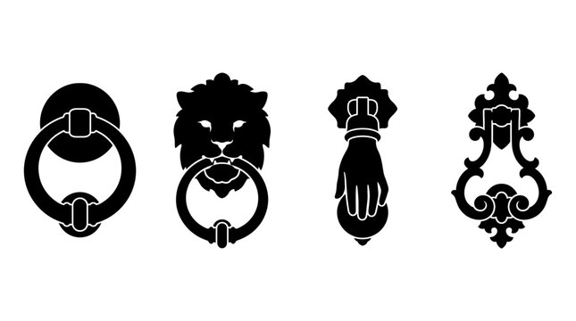 doorknocker realistic black shadow silhouette isolate vector set
