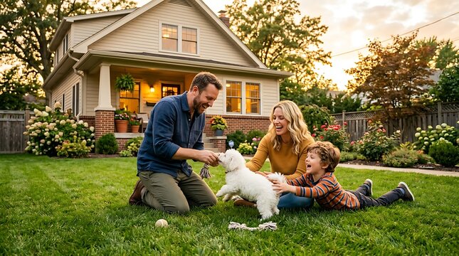 Happy family playing with puppy in suburban backyard at sunset